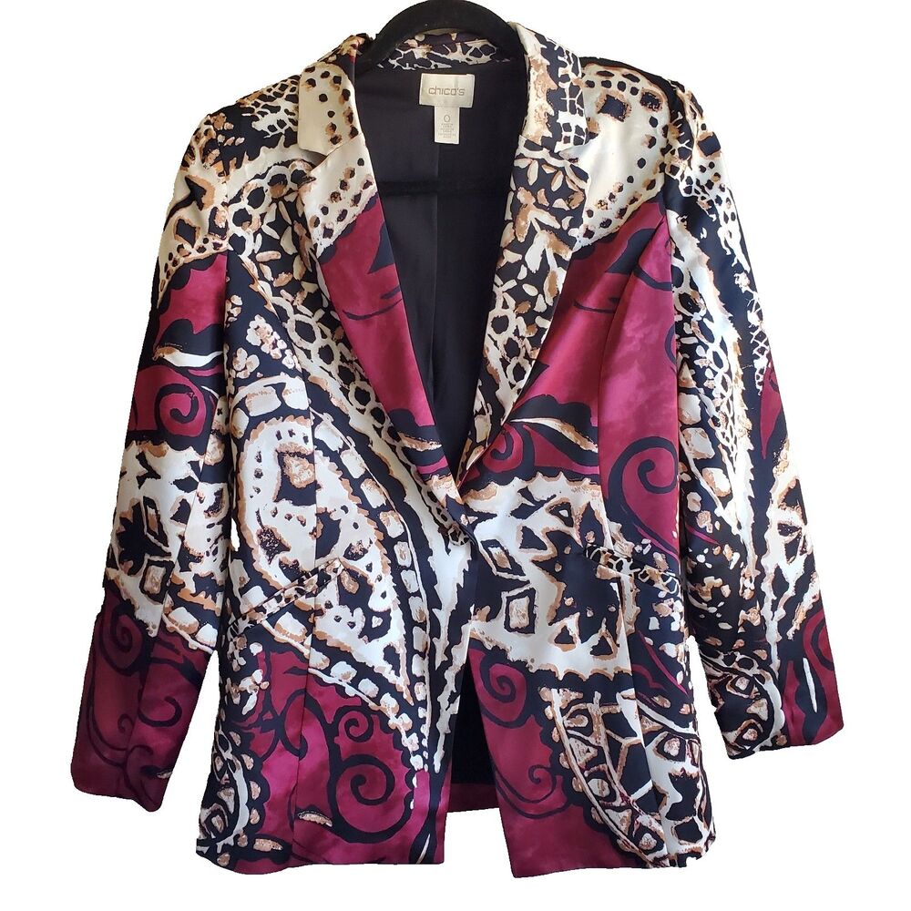 Chico’s Size 0 Satin Finish Blazer Jacket Abstract Paisley Single Button Artsy S